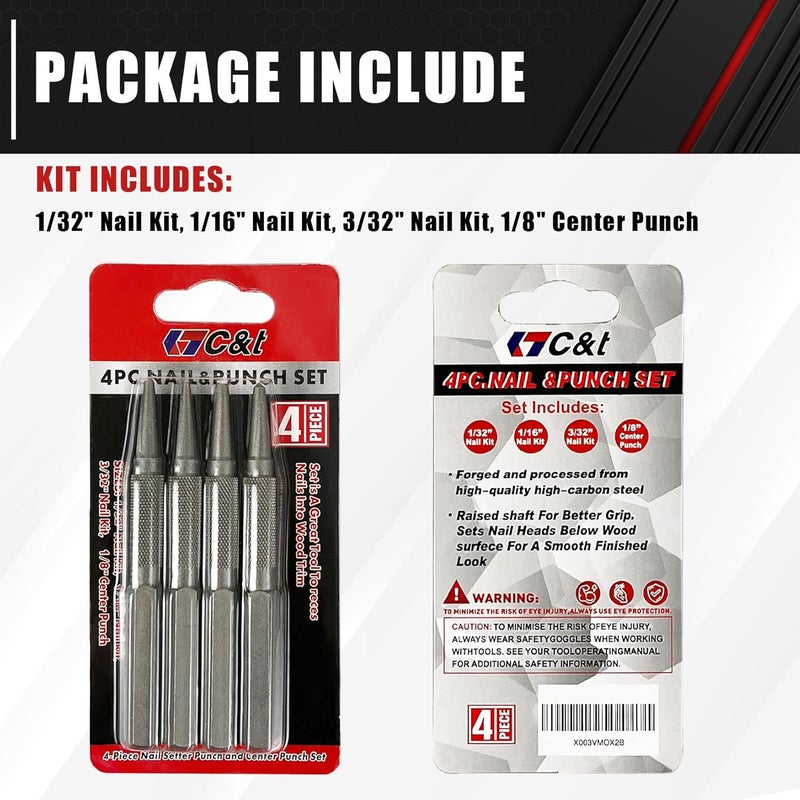 CT+ 4-Piece Nail and Punch Set, 1/32, 1/16, 3/32, 1/8Inch, Nail Setter Punch & Center Punch Set, Professional woodworking and carpentry tool kit - Image 4